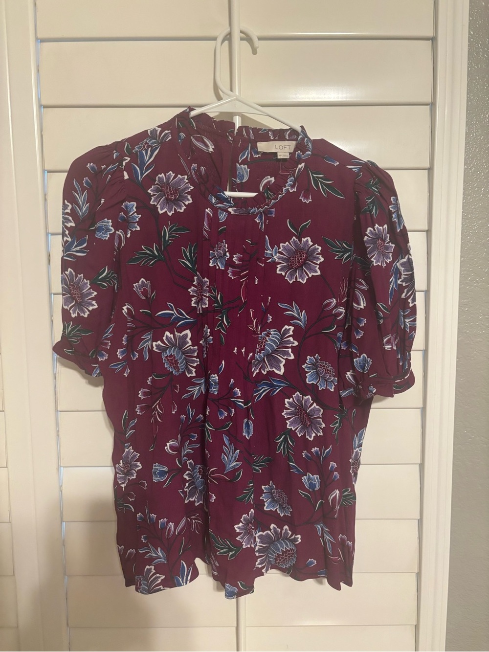 LOFT Plum Floral Ruffle-Neck Blouse
